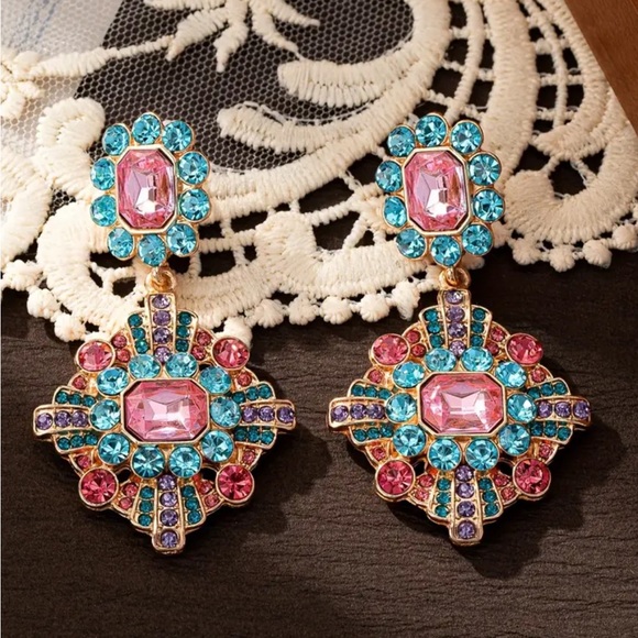 Bright Pink and Blue Rhinestone Dangle Earrings - Picture 2 of 4
